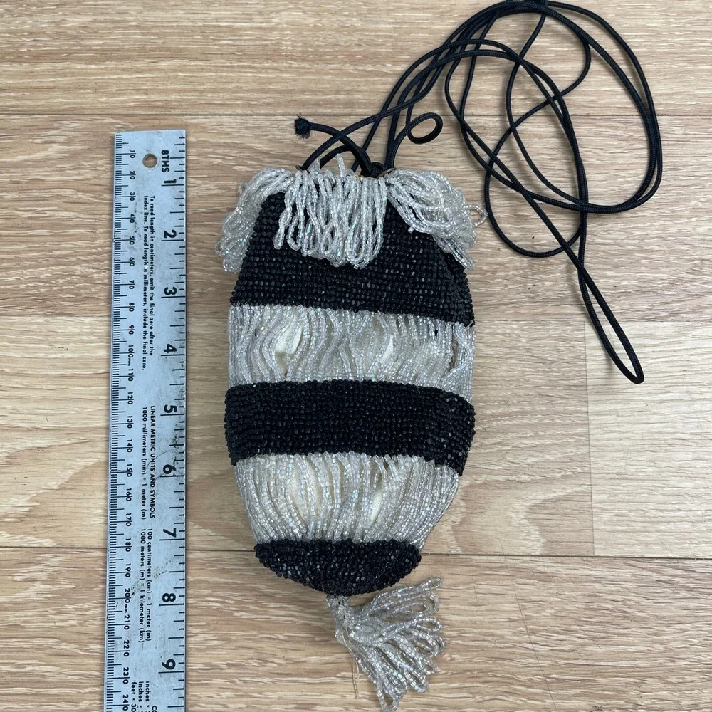 Vintage Beaded Drawstring Pouch Bag Black White Striped Tassel Reticule Pouch